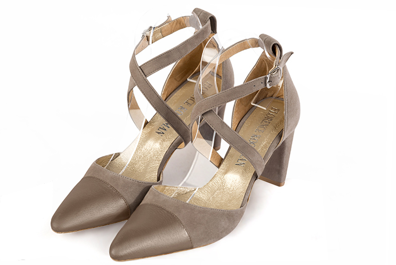 Tan beige women's open side shoes, with crossed straps. Tapered toe. Medium comma heels - Florence KOOIJMAN